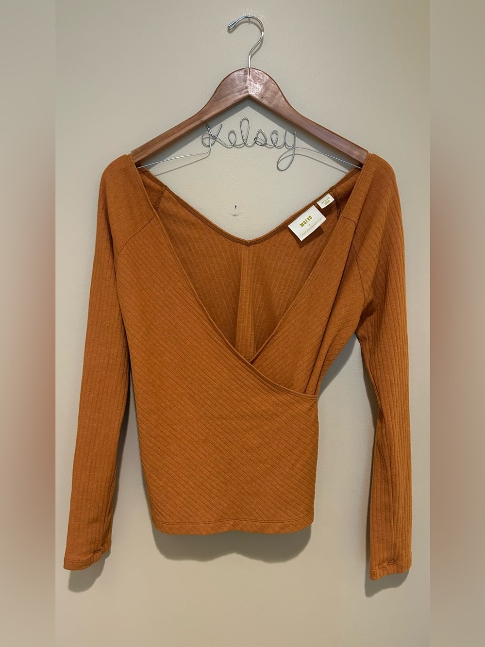 Anthropologie Marve Ribbed V-Neck Wrap Top in Burnt Orange Size Medium